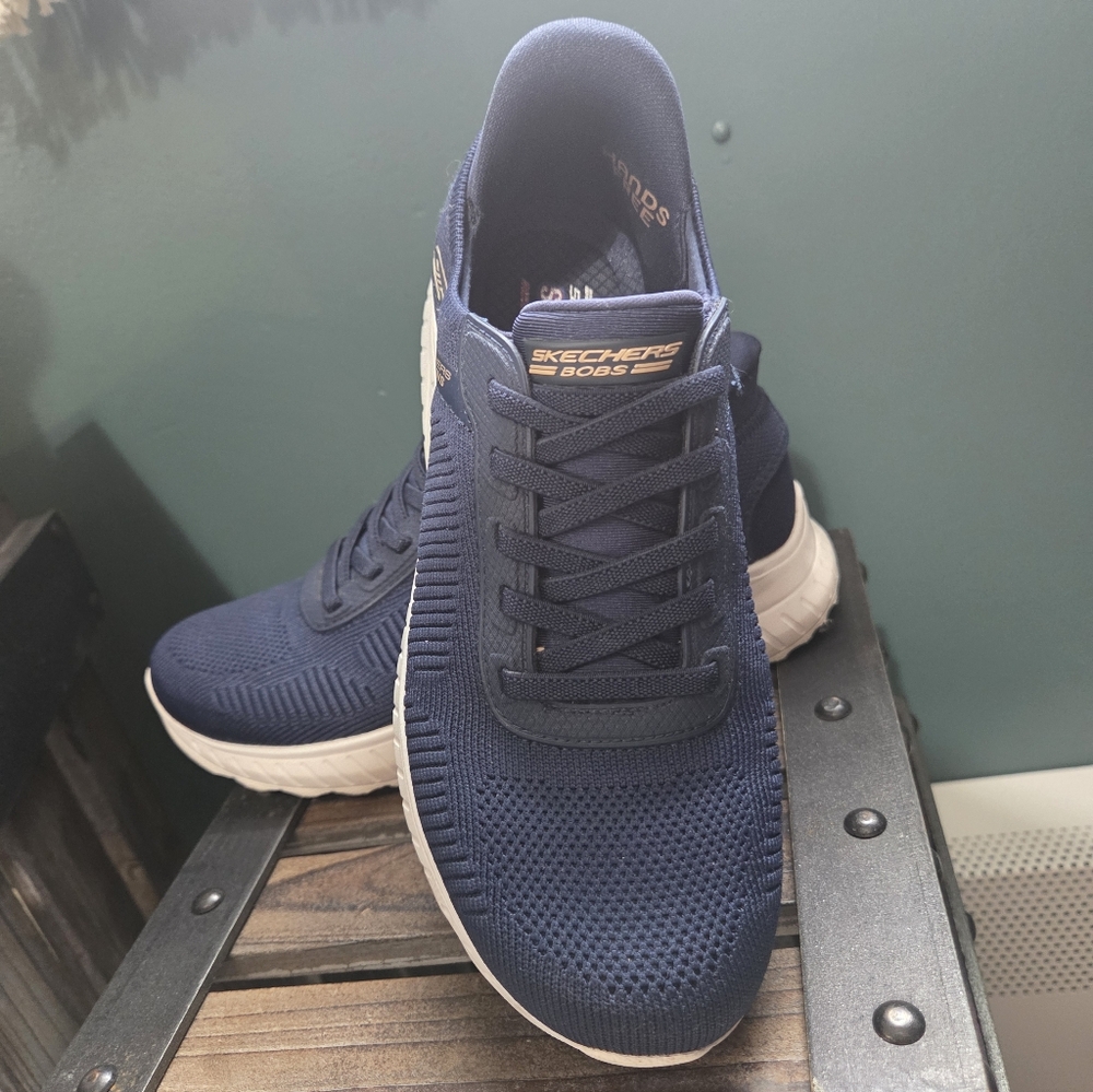 Skechers BOBS Navy and White Women's Slip-On Knit Sneakers